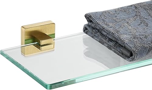 JQK Estante de vidrio para baño, almacenamiento flotante de vidrio templado para ducha, 16 x 5 pulgadas, montaje de pared dorado cepillado de acero