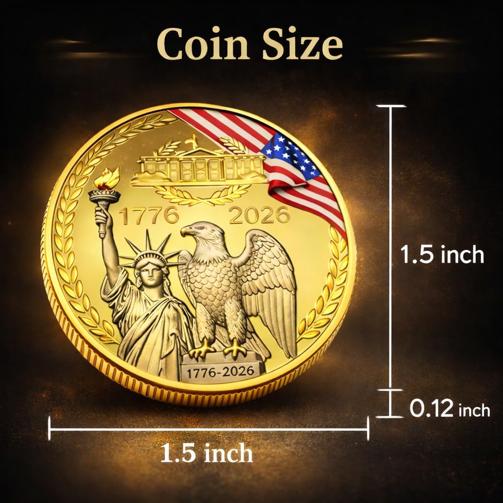 Juego de monedas de 250 aniversario de Estados Unidos (1776-2026) – 4 monedas de desafío patriótico con caja de madera y tarjeta, coleccionable conmemorativo del 250 de Estados Unidos, regalo de