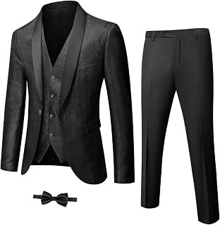 Men's 3 Piece Slim Fit Tuxedo Set, One Button Shawl Collar Floral Jacket Vest Pants with Bow Tie