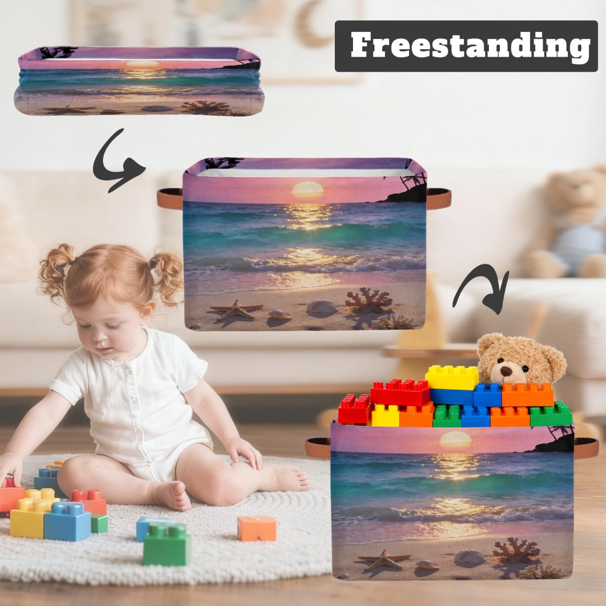 Sunset Summer Beach Rechteckiger Aufbewahrungskorb mit Ledergriffen, 2 Stück, faltbarer Stoff-Aufbewahrungskorb für Schrank, Badezimmer, Wohnzimmer, Büro, Spielzeug, Organizer, Wäschekorb