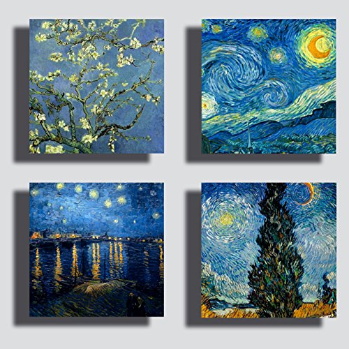 Quadri Moderni stile VAN GOGH 4 pezzi 30x30 cm notte stellata mandorlo Stampa Tela CANVAS Arredamento Arte Astratto XXL Arredo per soggiorno salotto camera da letto cucina ufficio bar ristorante