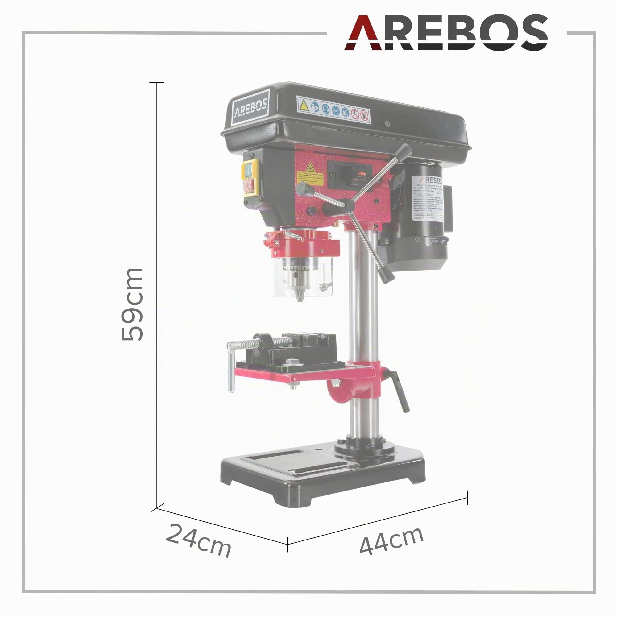 Arebos Perceuse à colonne 500 W | Avec système d'alignement laser | Réglage de table : 45 degrés – 0 – 45 degrés | 5 Vitesses différentes | Plage de Serrage: 1,5-13 mm