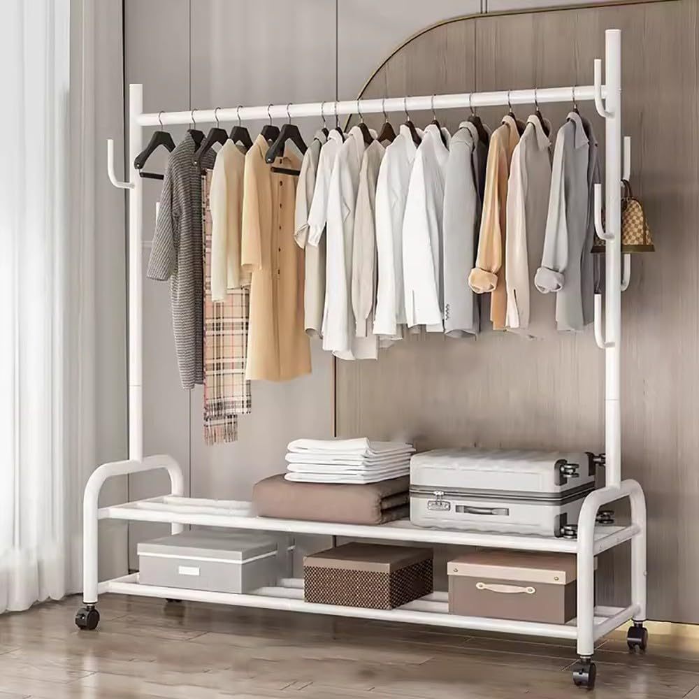 MYUYEE Heavy-Duty Clothes Rack On Wheels, Metal Clothes Rail, Multifunctional Mobile Coat Rack With Shoe Rack And 7 Hooks For Bedroom, Hallway, 120/150 * 37 * 165Cm(C-150Cm)