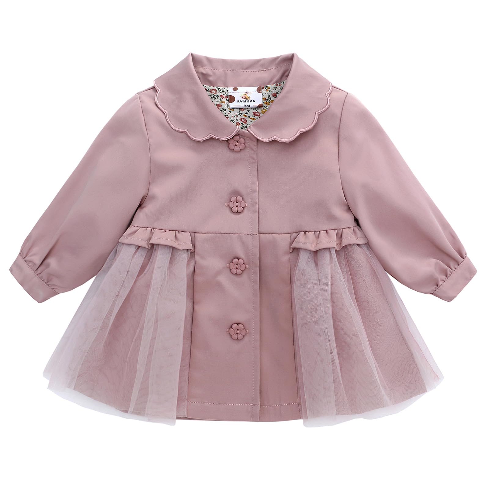 famuka Baby Girl Trench Coat Dress Toddlers Spring Fall Button Down Jacket with Tulle