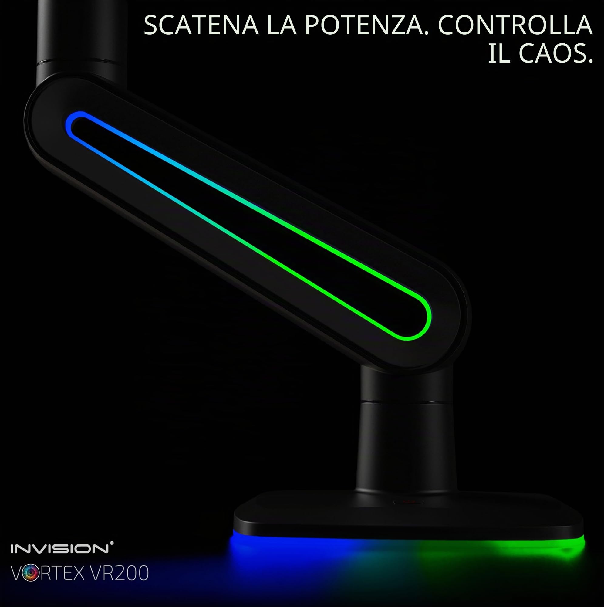Invision VORTEX Supporto Braccio Monitor Gaming Schermi 27 a 57 pollici | Curvo e UltraWide | Alimentato Tramite USB 5 V | Luci LED RGB Integrate a 14 Modalità | 3-18 kg MAX (VR200)