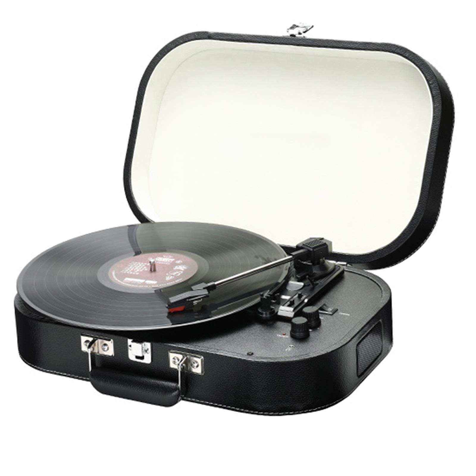 Record Player Bluetooth Turntable with Stereo Speakers Portable Belt-Driven 3-Speed,Metal Buckle Design,3.5mm Headphone Jack,Vinyl Record Player for Family Or Friends, Blac,Black-with Stylus