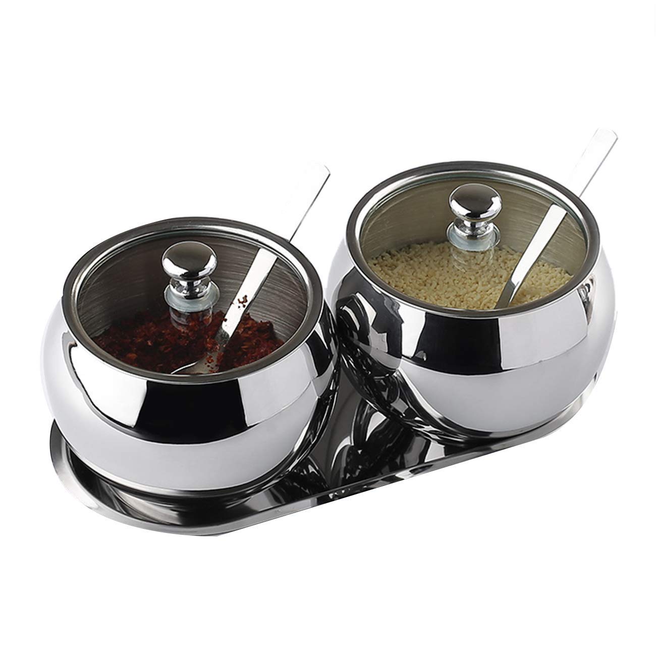 XINGYU Sucrier avec Couvercle et cuillère, 2 bocaux à épices en Acier Inoxydable Set Pots à Condiments, Argent
