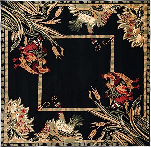 Image of Unique Loom Barnyard Collection Area Rug - Farm (6' 1 inch Square, Black / Cream)