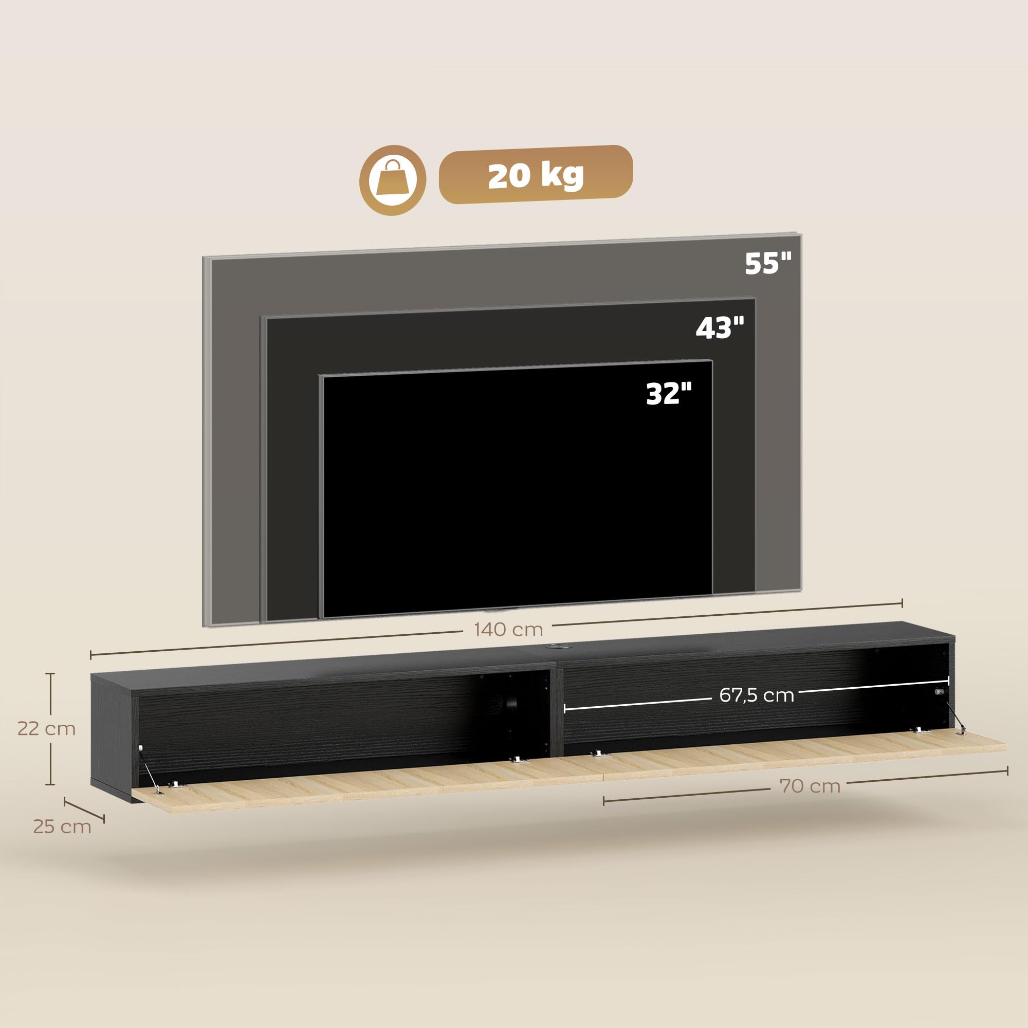 HOMCOM Meuble TV Suspendu Flottant 140 cm, Meuble télé pour téléviseur jusqu'à 72 Pouces avec 2 Portes cannelées rabattables, Banc TV Mural pour Salon, Chambre à Coucher, Bois Naturel et Noir