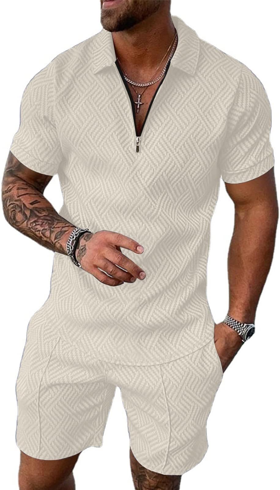 YanfoamSet 2 Pieces Mens Outfits Suit Polo Shirt & Short Tracksuit Lapel Activewear Sweatsuits