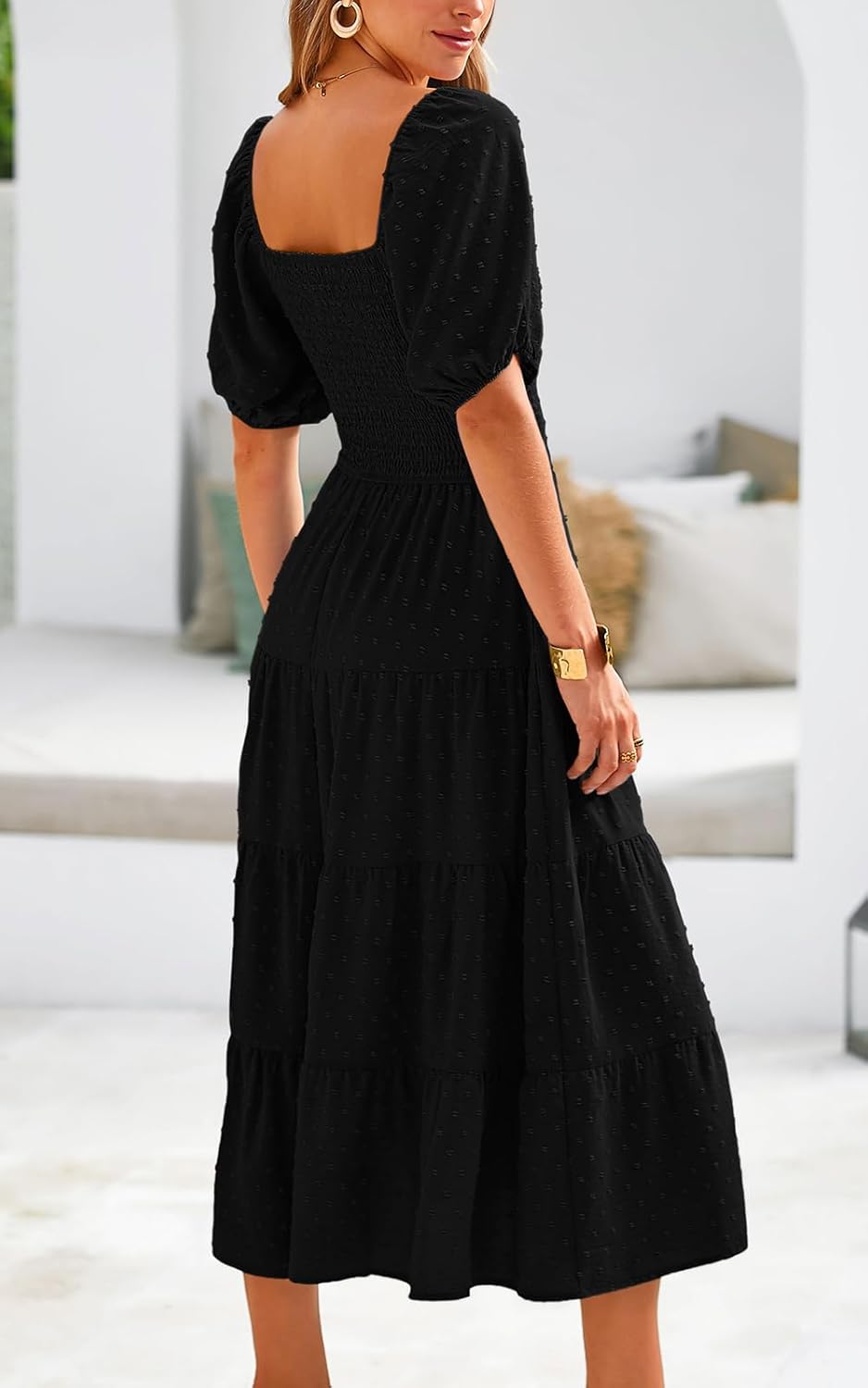 PRETTYGARDEN Women's Spring Dresses 2025 Puff Sleeve V Neck Swiss Dot High Waist Chiffon Dress Tiered Smocked Maxi Dresses - Image 5