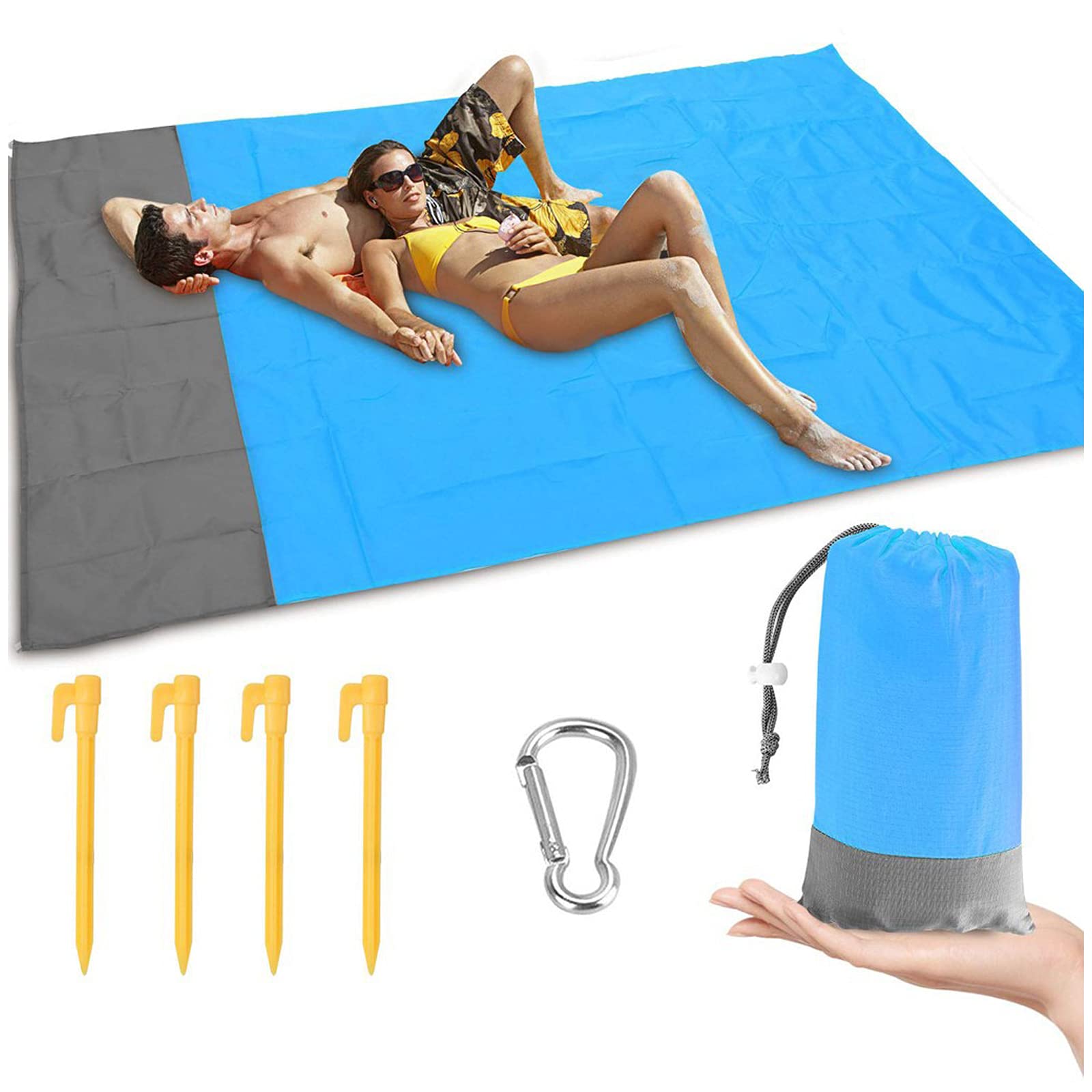 ONTWK Sand Proof Beach Mat Beach Blanket, Portable Waterproof Beach Mat for 4-7 Adults, Oversized Sand Free Lightweight Beach Mat for Travel, Camping, Hiking (Blue, 79x55in), OWK-t318751