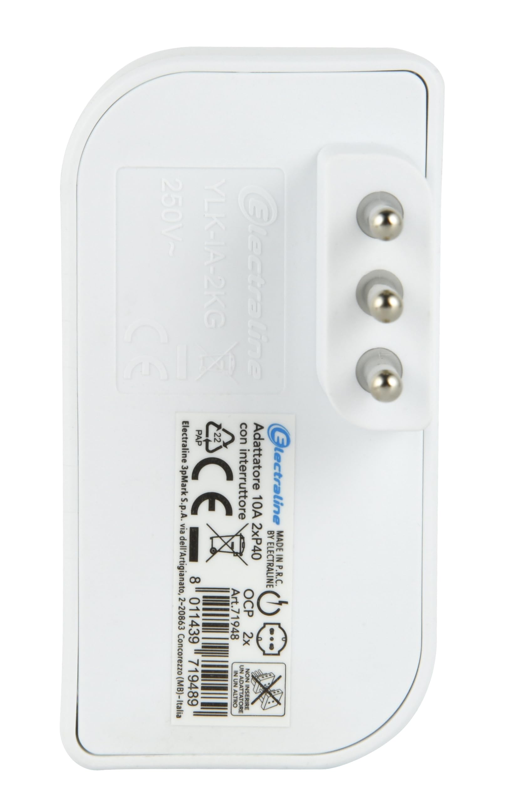 Electraline 71948 Adattatore Doppio Salvaspazio due Posti frontali P40 polivalenti (10/16A + Schuko tedesca), Spina piccola 10A fuoriasse per non sovrapporsi a prese/interruttori, interruttore ON/OFF