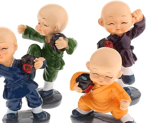 Miniatura 3 de Paquete de 4 estatuas de monje pequeño de resina de Buda, figuras de monjes pequeños, escultura de monje Kongfu para decoración de tablero de