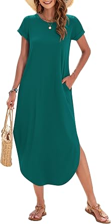 WNEEDU Womens Summer Dresses Casual Loose Short Sleeve Long T Shirt Dress Split Maxi Beach Sundress Travel Vacation Outfits