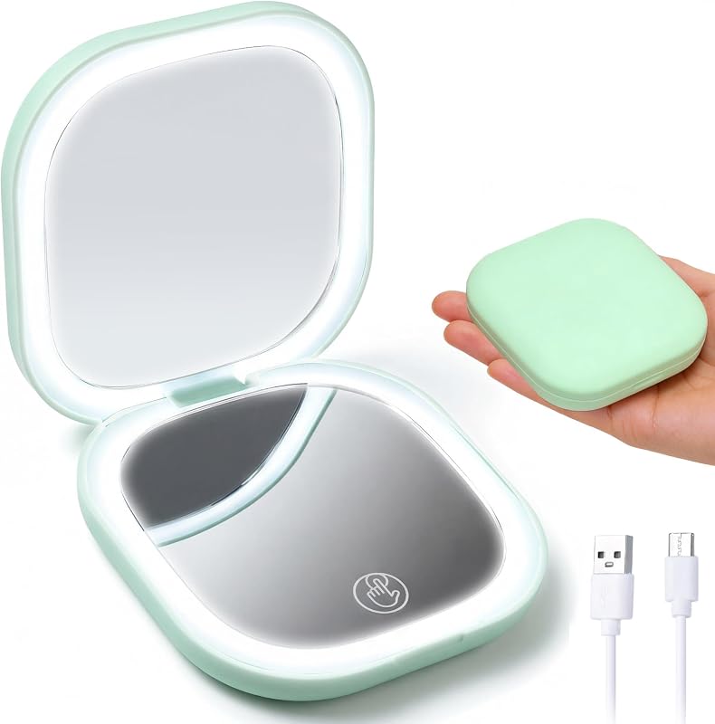 Espelho compacto MyTend com luz LED, ampliação 5X, dobrável, recarregável via USB-C, verde