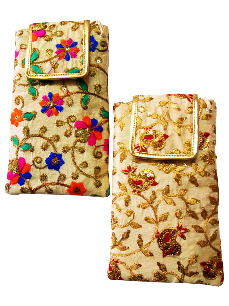 DMS RETAIL Ethnic Embroidered Mobile Pouch for Women with Waist Clip and Belt Multicolored and Golden Combo of 2-picture-40