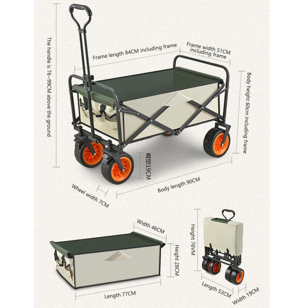 Carrito de camping plegable, todo terreno con ruedas extra anchas, asa ajustable, bolsillos delanteros, capacidad de 150 L, soporta 150 kg, perfecto para uso en la playa y el jardín