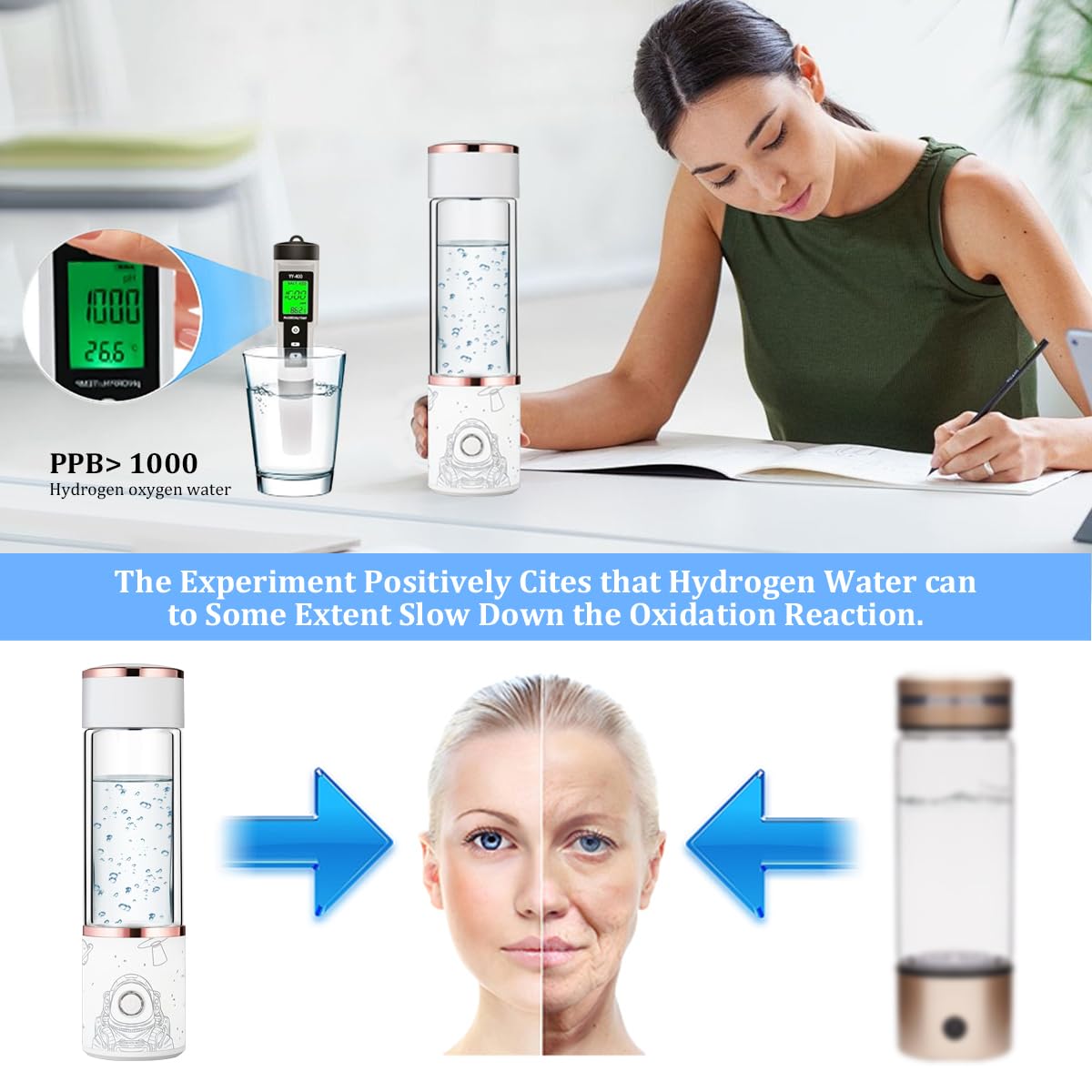 JAOGAUS Bottiglia Di Idrogeno, Bottiglia D'acqua Portatile a Idrogeno, Generatore Di Idrogeno Acqua Ricaricabile Con Tecnologia SPE e PEM, Ionizzatore Ricco di Idrogeno Per La Casa e il Fitness