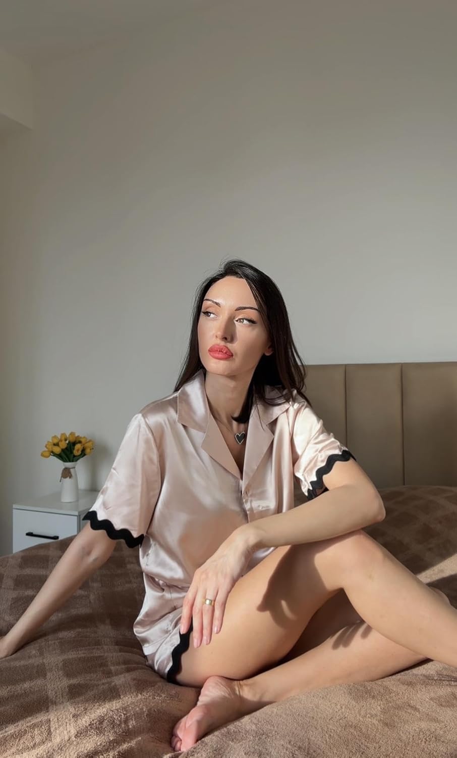 Ekouaer Womens Satin Pajamas Set Button Down 2 Piece Silky Pjs Shorts Set Notch Collar Sleepwear - Image 4