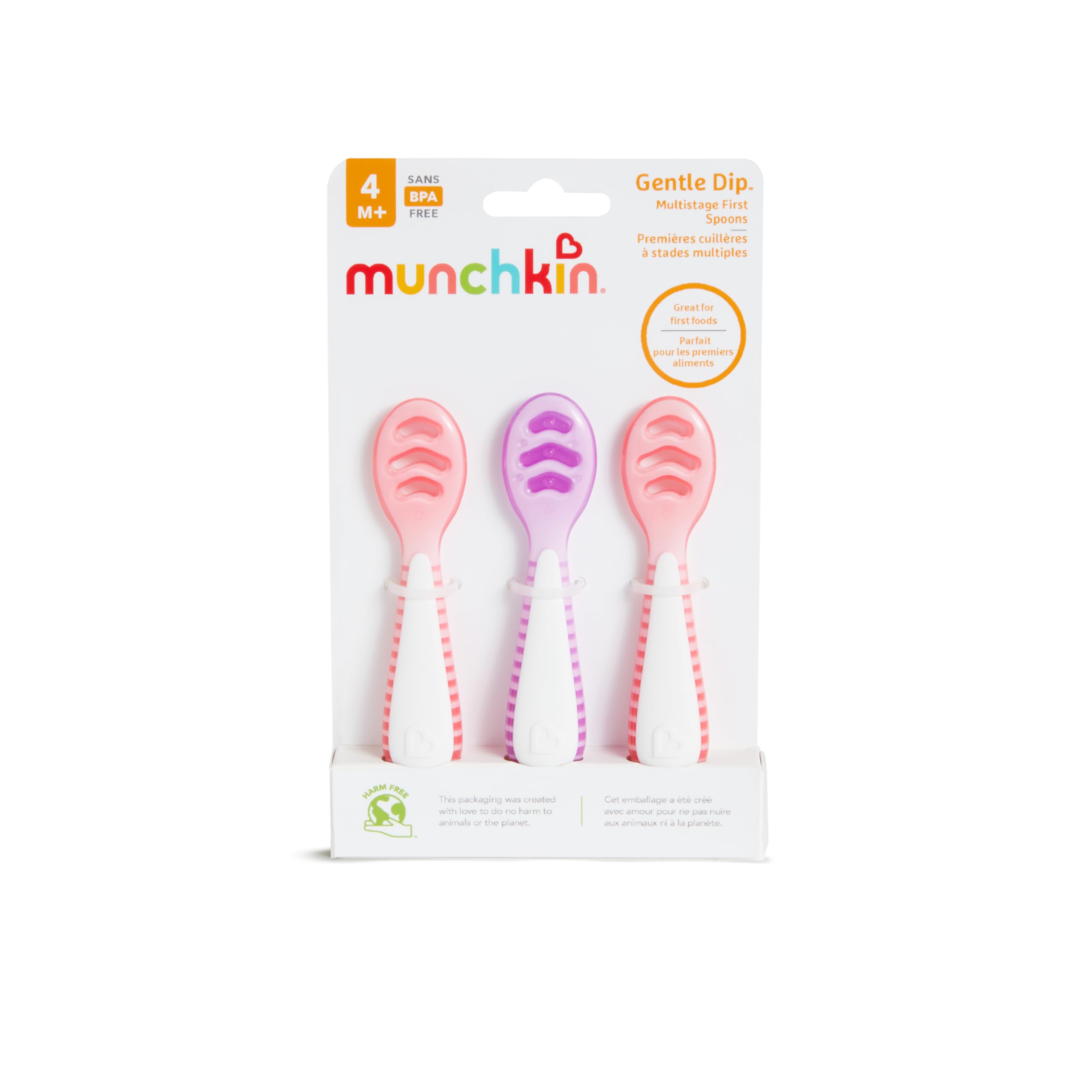 Munchkin Gentle Dip Multistage First Spoons| Weaning Spoons for Babies 4+ Months | Ideal for Baby-Led Weaning | Ergonomic Design | BPA-Free | Pink & Purple | 3 Pack