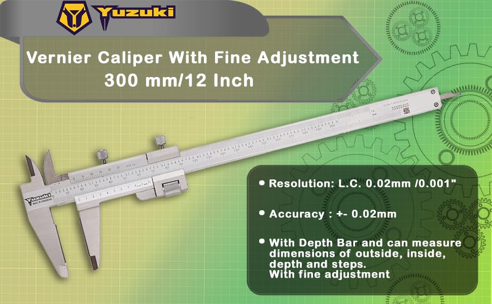 YUZUKI Vernier Caliper 300mm/12 Inch with Fine Adjustment β Precision Measuring Tool for Internal & External Dimensions, Depth, and Step Measurements | Stainless Steel Construction, 0.02mm Resolution 1