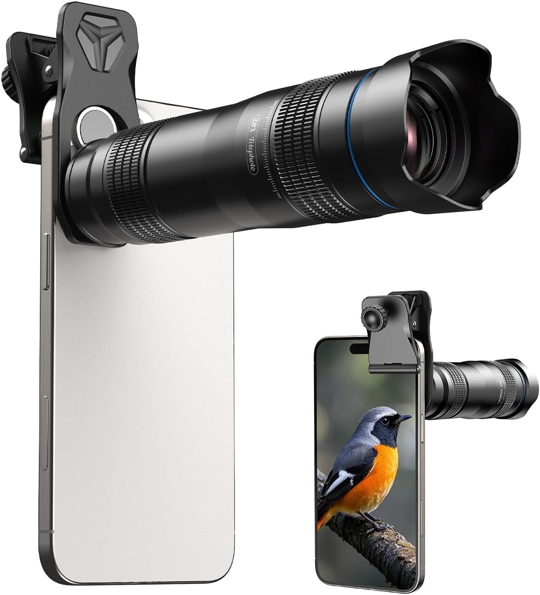 MIAO LAB 28X HD Telephoto Lens for iPhone/Samsung/Android, High Power Telephoto Camera Lens with Universal Clip Compatibility Most Smartphone