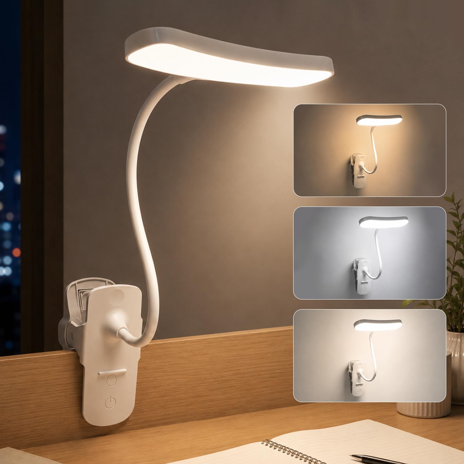Hittriu Clip On LED Reading Light, 3 Color Modes & 0-100% Stepless Dimming, USB Rechargeable Desk Lamp for Reading Office
