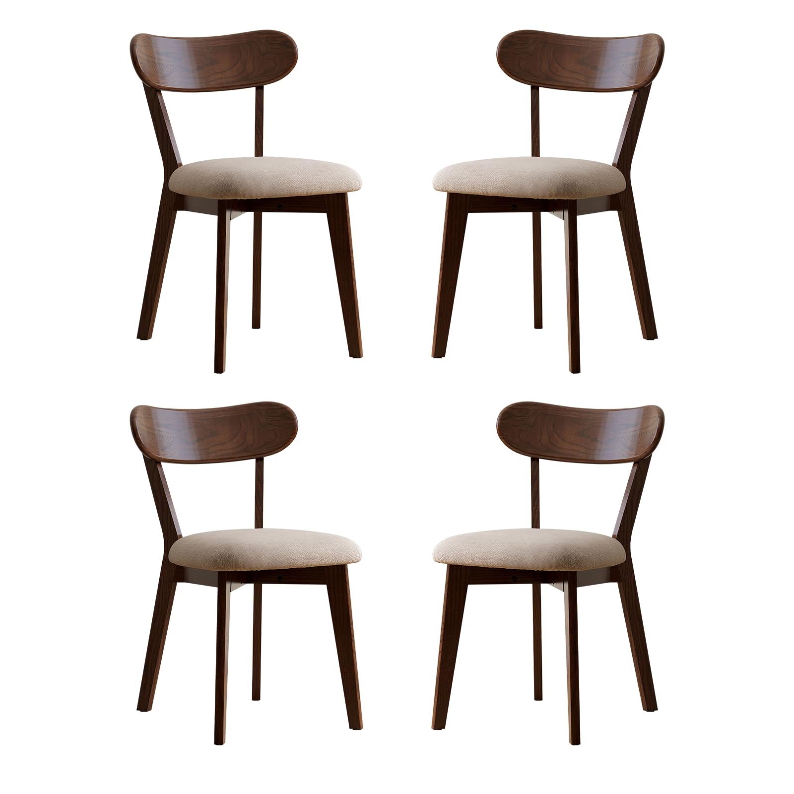 Condition photo showing New/Like New for 100% solid oak dining chairs, mid century modern dining chair with curved backrest, fabric upholstered dining chairs for kitchen, study, living room (4, walnut wood-gray cushion)