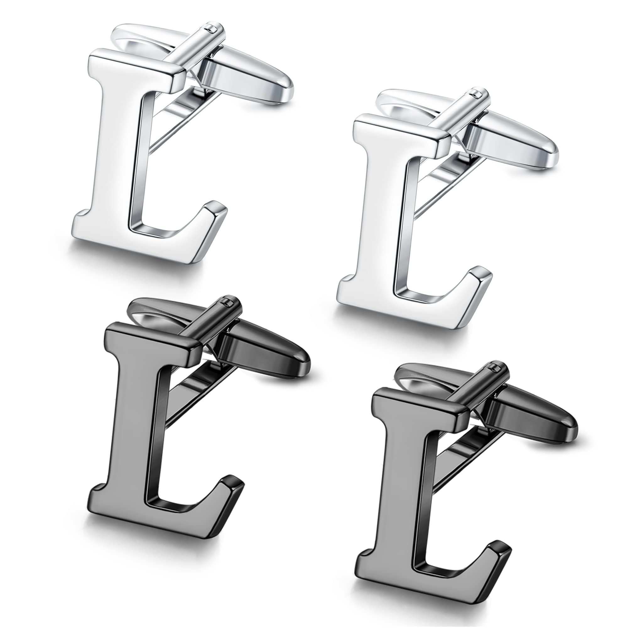 UBGICIG2 Pairs Cufflinks for Men Personalized Initial Cufflinks Stainless Steel Letter Cuff Links Elegant Tuxedo Shirt Cuff Links Silver/Black Alphabet A-Z Mens Cufflinks With Box Father's Day Gifts Business Wedding Anniversary
