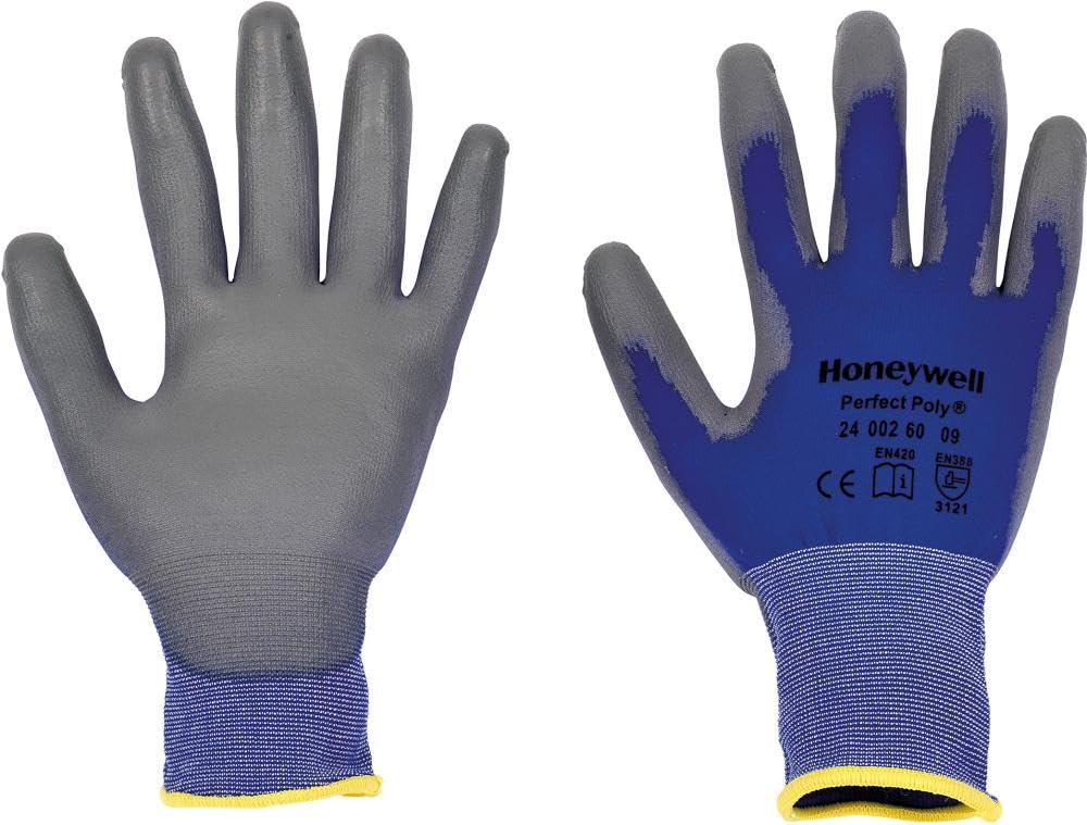 Honeywell 2400260-07 Guantes Perfect Poly Skin, Guante de Punto de Poliamida, Recubrimiento de Poliuretano Gris en Palma y Puntas de los Dedos, Color Azul, 24 cm de Largo, Talla 7 (CAJA con 10 Pares)