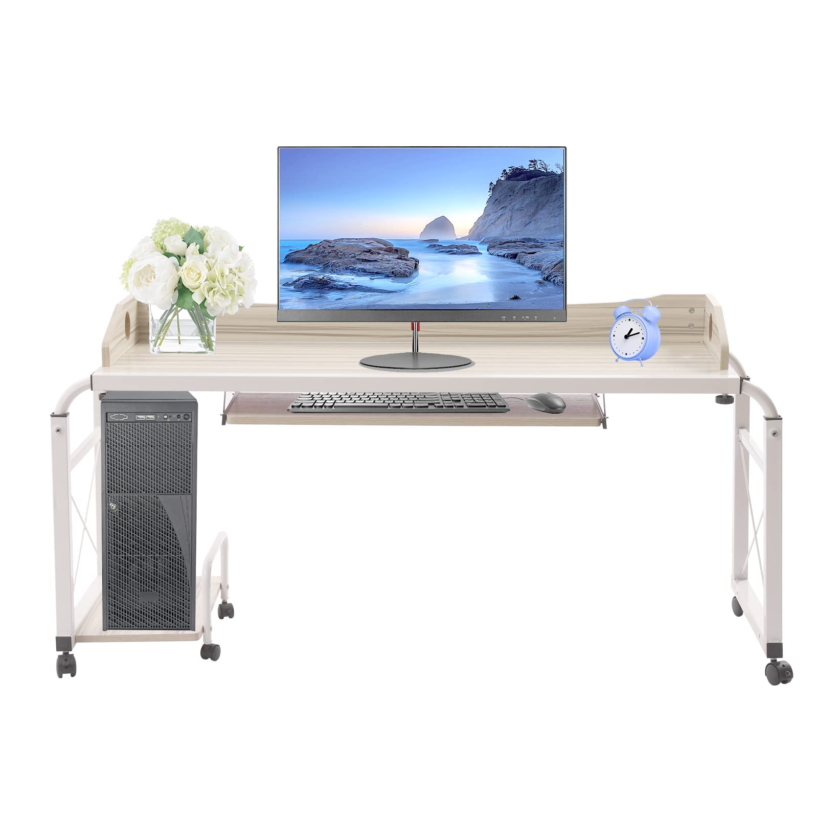 BOPRCSH Cross-Bed Stretchable Computer Desk with Wheels, Height Adjustable Rolling Bed Desk Desk Laptop Cart Up to 150 Pounds, Bed Table on Wheels Overbed Laptop Table for Bedroom Dining Room