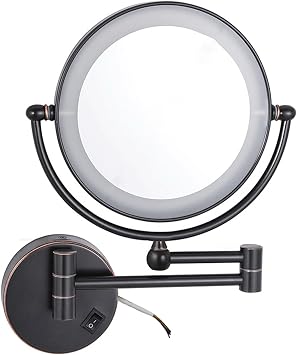 Wall Mounted Lighted Makeup Mirror, Hardwired Double Sided Magnifying Vanity Mirror, 360 Swivel LED Bathroom Shaving Mirror,Black,10X