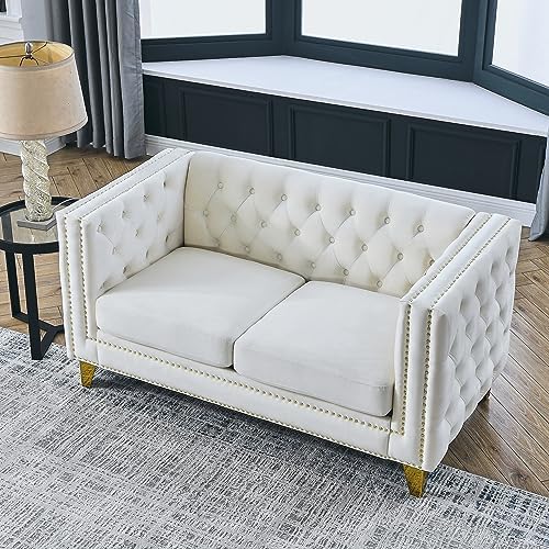 mikibama 58" Velvet Loveseat Sofa Couch for Living Room,Button Tufted 2 Seater Couches with Nailhead Trims,Modern Upholstered 2-seat Sofas with Golden Metal Legs for Bedrooom,Office