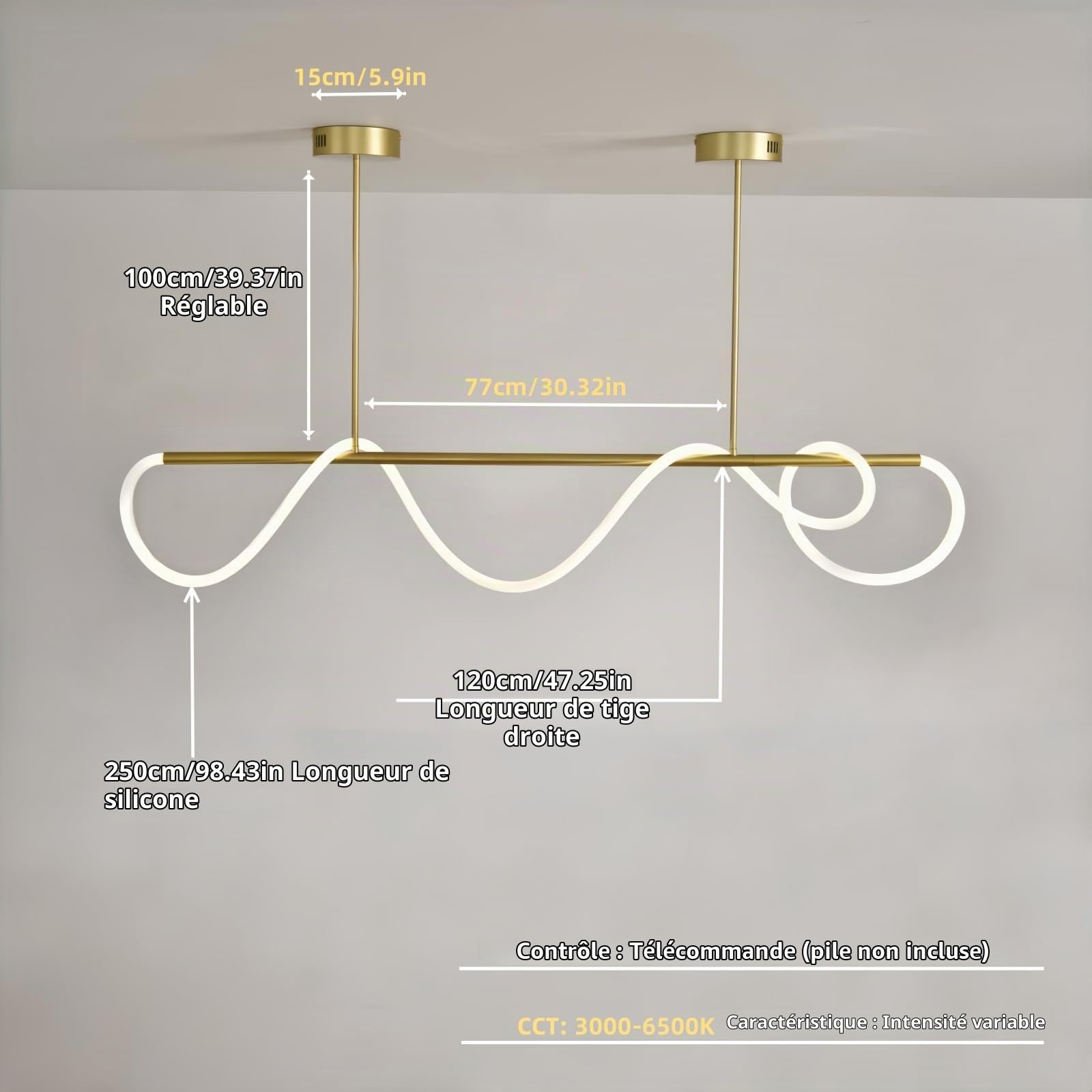 Jsz Suspension LED, Suspension Luminaire 21W Linéaire DIY, Lustre LED Suspendu Dimmable 3000K-6500K avec Télécommande, Suspendu Cuisine Moderne pour Salle à Manger Salon (Or, 120CM)