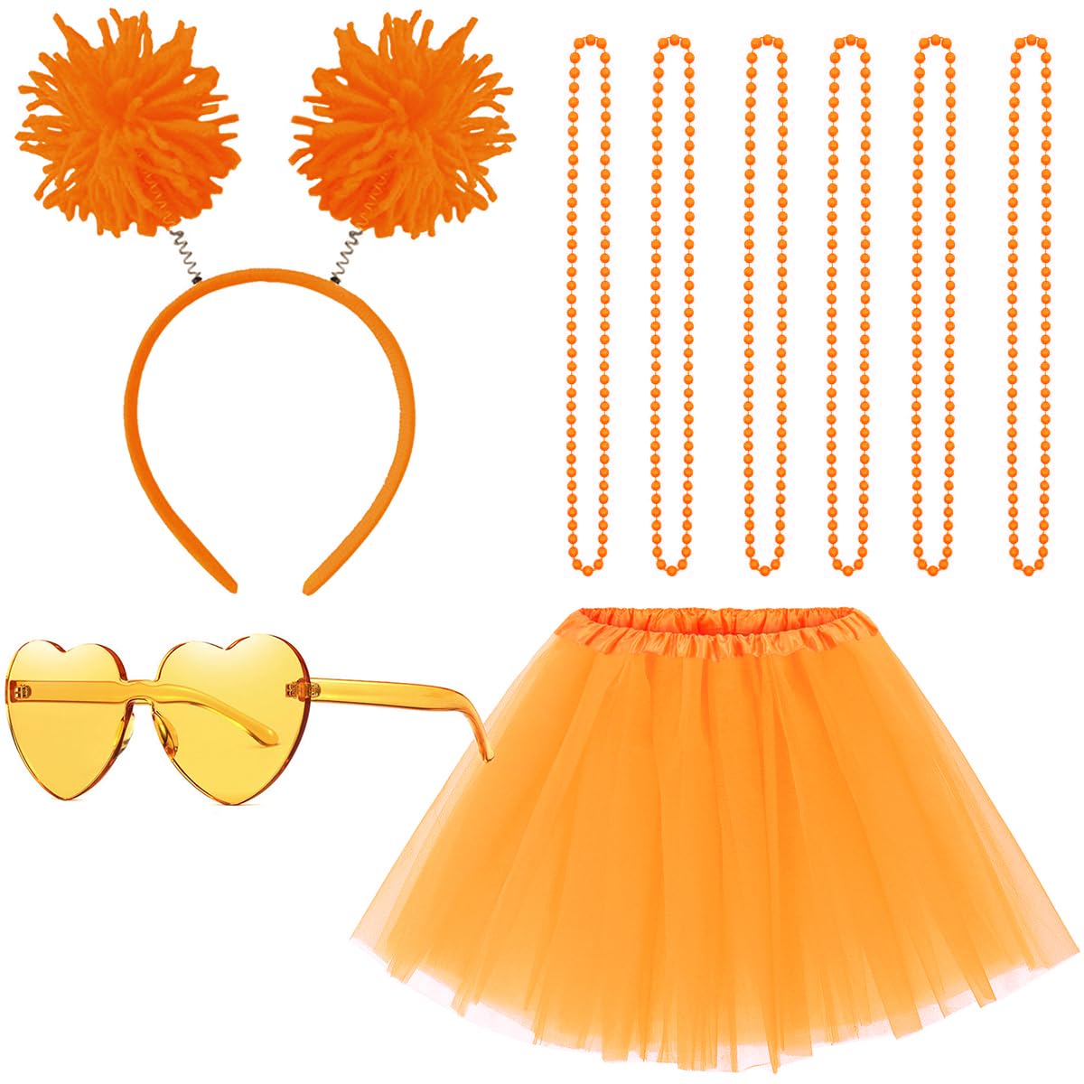 Gionforsy Tutu Skirts for Women Costume Set with Pom Pom Headband Sunglasses Bead Necklace Tulle Skirt Accessories Set for Halloween Birthday Themed Party Fancy Dress (Orange)