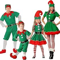 Generico Natale Set Famiglia Costume Elfo Bambini Vestito Elf Bambino Abito Con Gonna Cintura Cappello Calze Vestito Da Elfo Bambina Per Feste Spettacoli Scuola Carnevale Travestimento Natale Costume