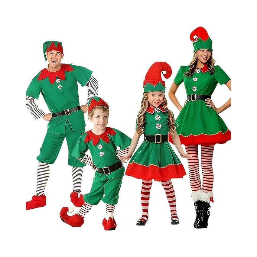 Generico Natale Set Famiglia Costume Elfo Bambini Vestito Elf Bambino Abito Con Gonna Cintura Cappello Calze Vestito Da Elfo Bambina Per Feste Spettacoli Scuola Carnevale Travestimento Natale Costume