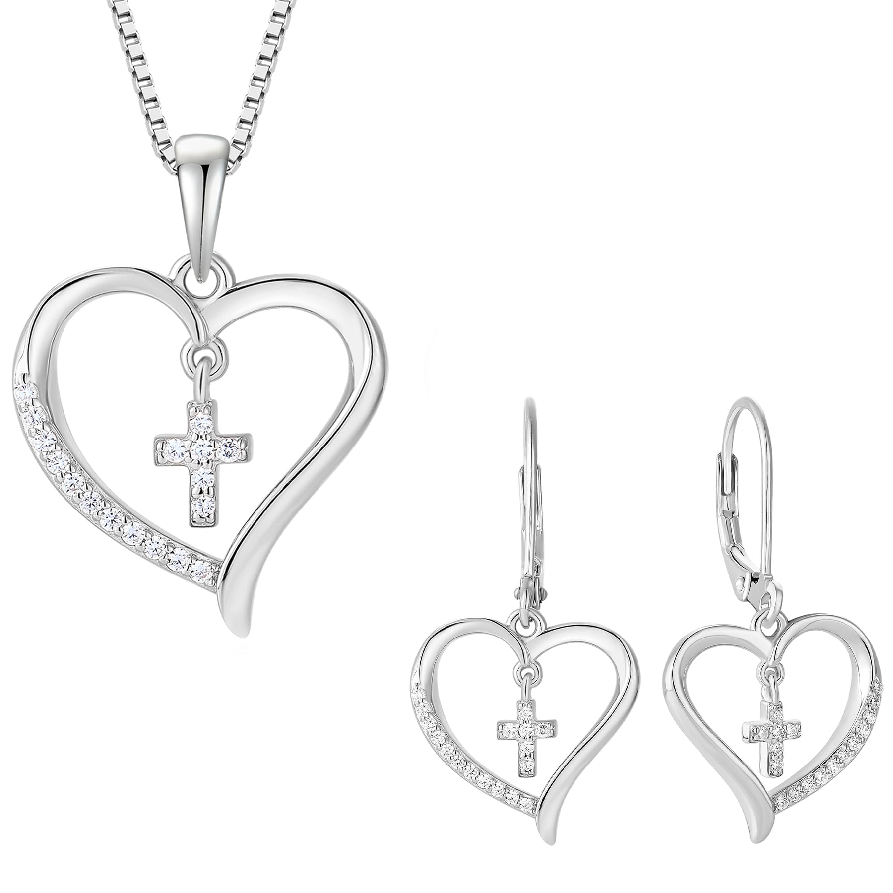 Vesitim 18K White Gold Plated Sterling Silver Cross Jewelry Set Cubic Zirconia Birthstone Jewelry