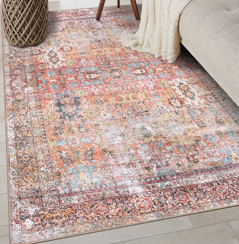 Rugshop Multi Transitional Distressed Area Rug — Machine Washable & Non‑Slip, 4' X 6' for Living Room, Bedroom and Home Office