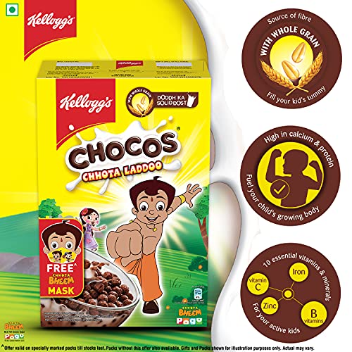Image of Kelloog's Chocos Chhota Laddoo with Free Mask for Kids | Whole Grain | Source of Fibre | High in Calcium & Protein | with 10 Essential Vitamins & Minerals | Breakfast Cereals | 375g Pack