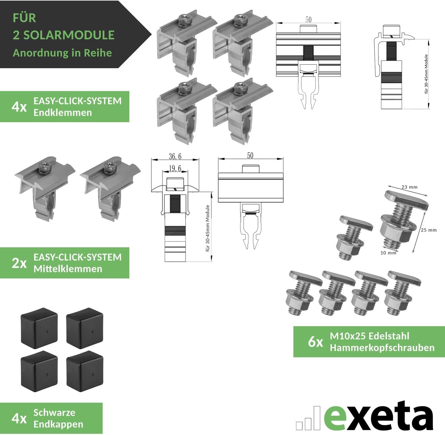 Solar Halterung Ziegeldach I Set für 2 PV Module 30-40mm I Solarmodul Halterung Balkonkraftwerk I Solarmodulbefestigungsset für Ziegeldächer aus Edelstahl 1.4301 I PV-Halterung Montageset