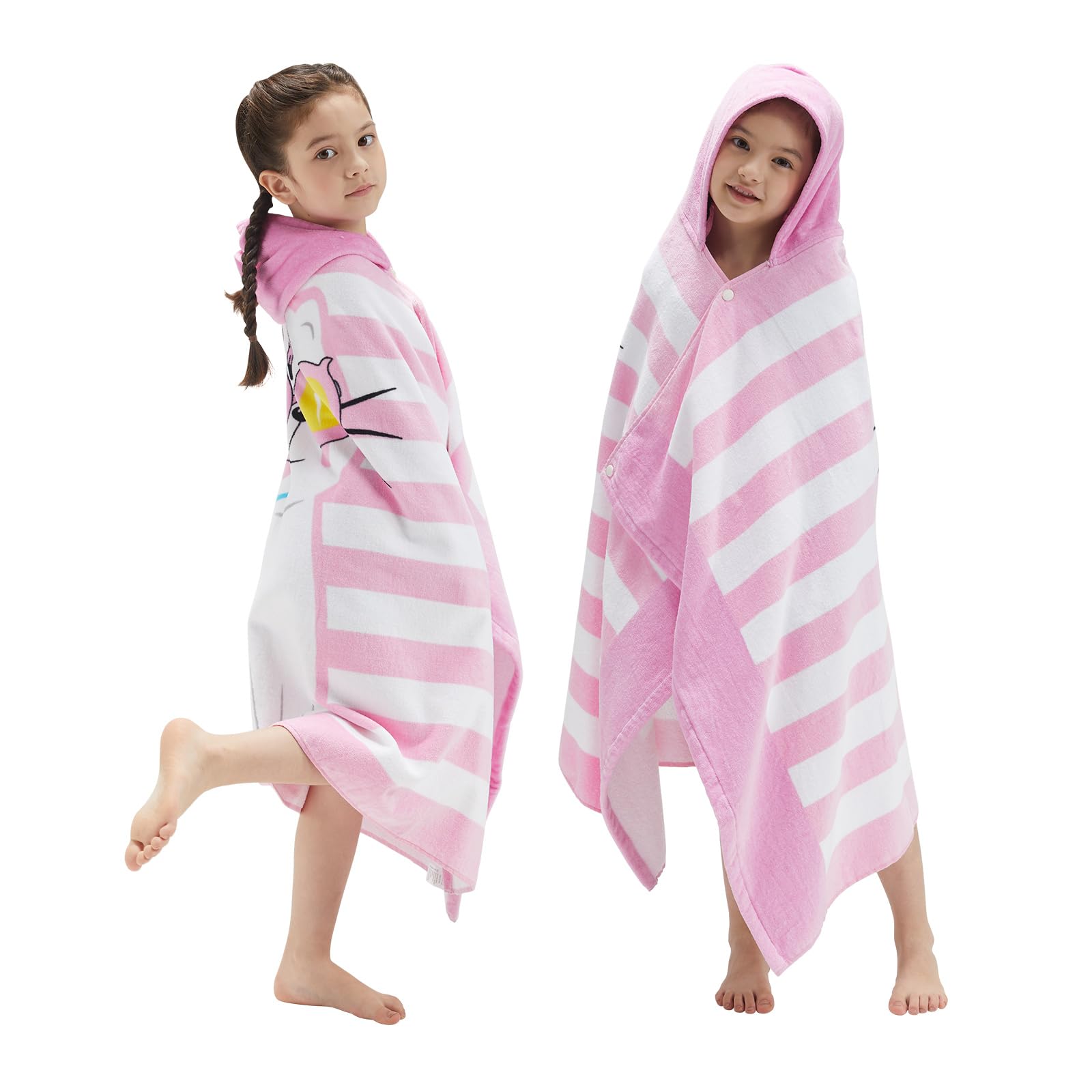 BANGSAUR Kids Hooded Beach Bath Towels, 100% Cotton 50x30 inches Wrap Towel, Toddlers Girls 3-12 Years Coverup Pink Cat
