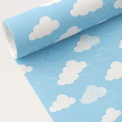 Papel de Parede Nuvens Azul e Branco, Infantil 5m x 45cm, Decorativo para Quarto de Criança