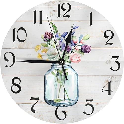 Reloj de pared con flores de resorte, rústico, silencioso, sin tictac, relojes redondos de 10 pulgadas, funciona con pilas, analógico de cuarzo para
