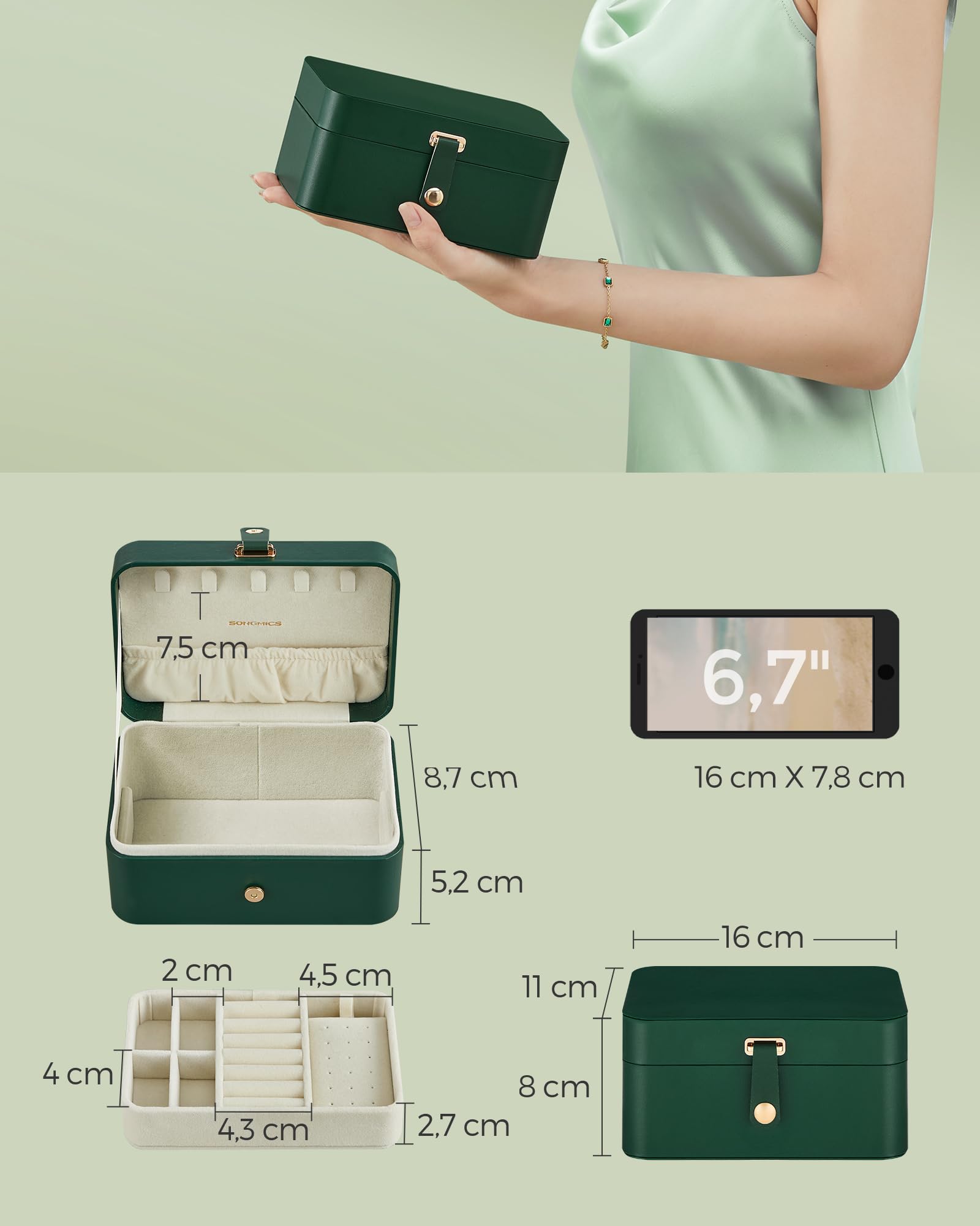 SONGMICS Scatola Portagioie da Viaggio, Piccolo Porta Gioielli, 2 Livelli, Portagioielli Portatile, per Accessori Grandi, 11 x 16 x 8 cm, Idea Regalo, Verde Foresta JBC166C01