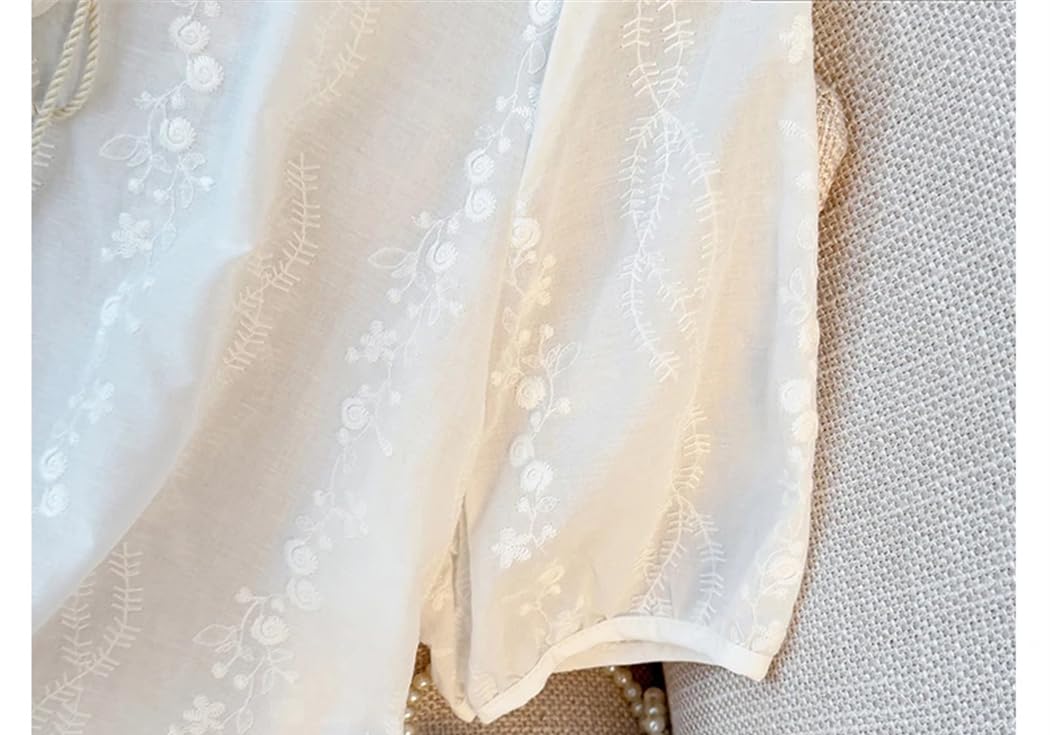 Camicetta da donna con ricamo vintage con nappa, con maniche a sbuffo e scollo a V, estiva, ampia e