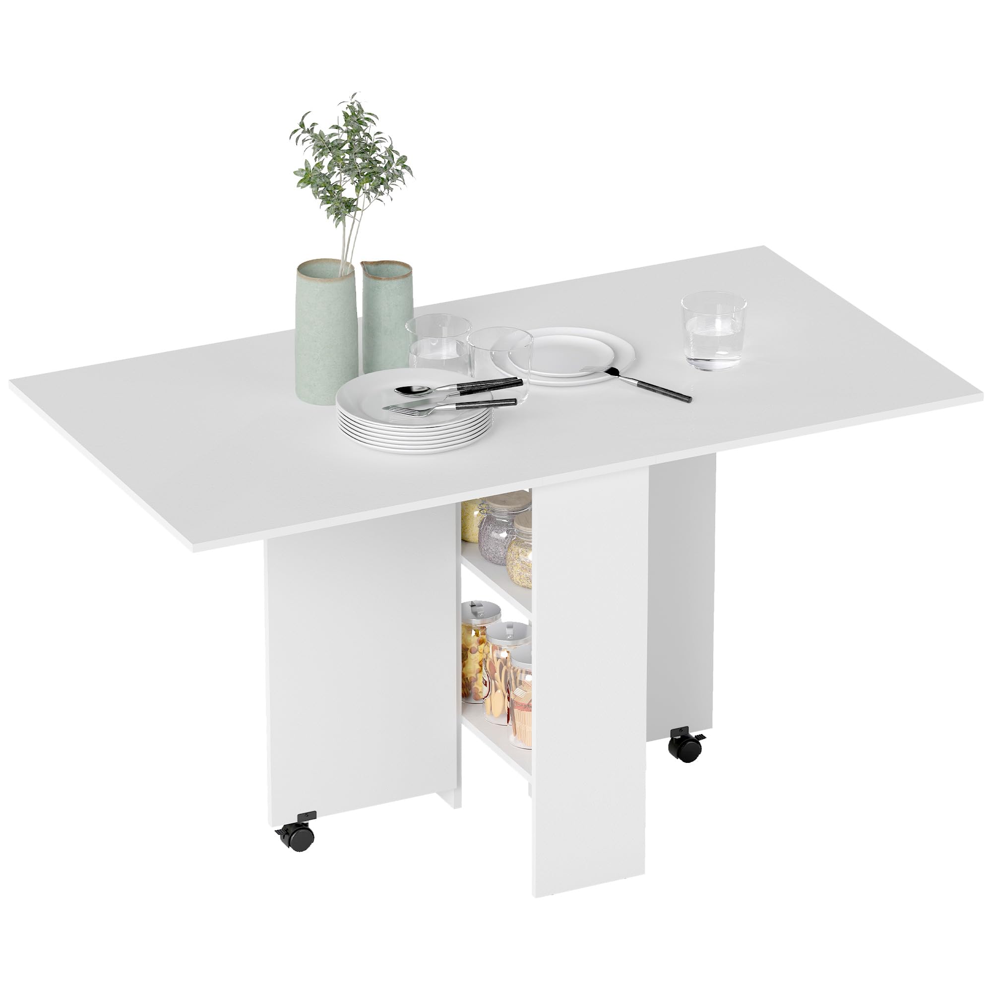 HOMCOMFolding Dining Table, Drop Leaf Table with 2-Tier Shelves, Rolling Casters, for Small Spaces, Kitchen, White