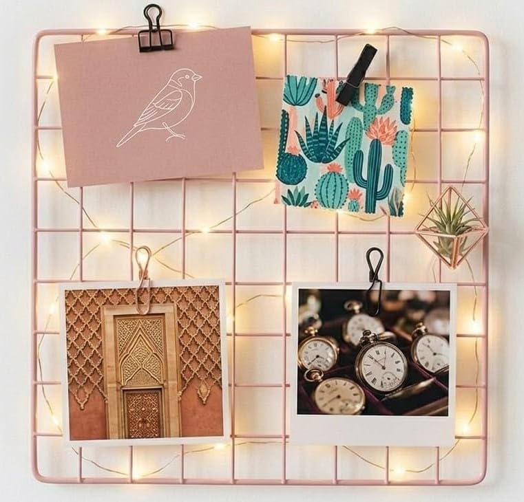 Image of Metal Wire Grid Photo Display Frame for Wall, 30 x 30 cm Iron Mesh Memo Board | Wall Hanging Picture & Photo Organizer |Home, Bedroom & Office Decor (Pink)
