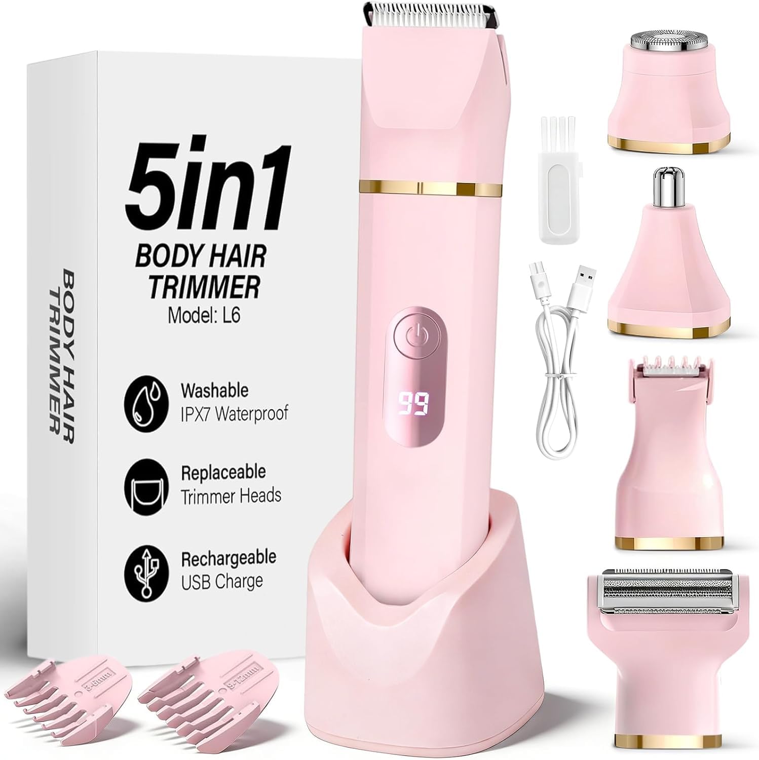 Rasoir Electrique Femme 5 en 1 Tondeuse Bikini Étanche IPX7 Rasoir Intime Femme 5 Têtes Interchangeables pour Visage, Bras, Jambes, Aisselles avec Base de Charge USB